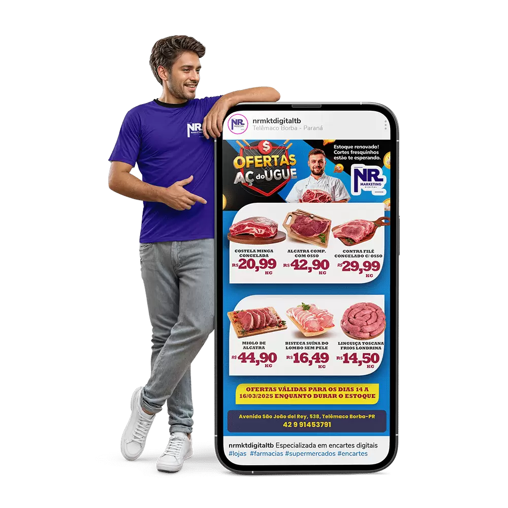 Homem apioado em um celular, que exibe na tela um encarte de supermercado formato story